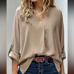 Tucked Rollable Sleeve Blouse, Casual V Neck Simple Blouse